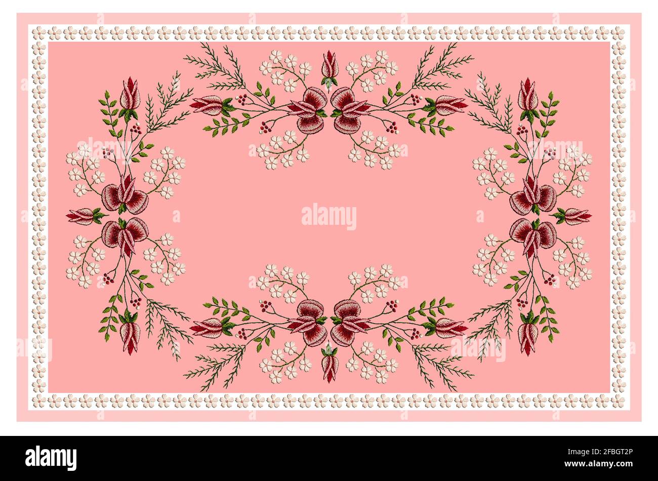 Ricamo per un tovaglia rosa con cornice di fiori bianchi e bordi di boccioli di rose, rametti di delicati fiori bianchi, rami di conifere e berr Foto Stock