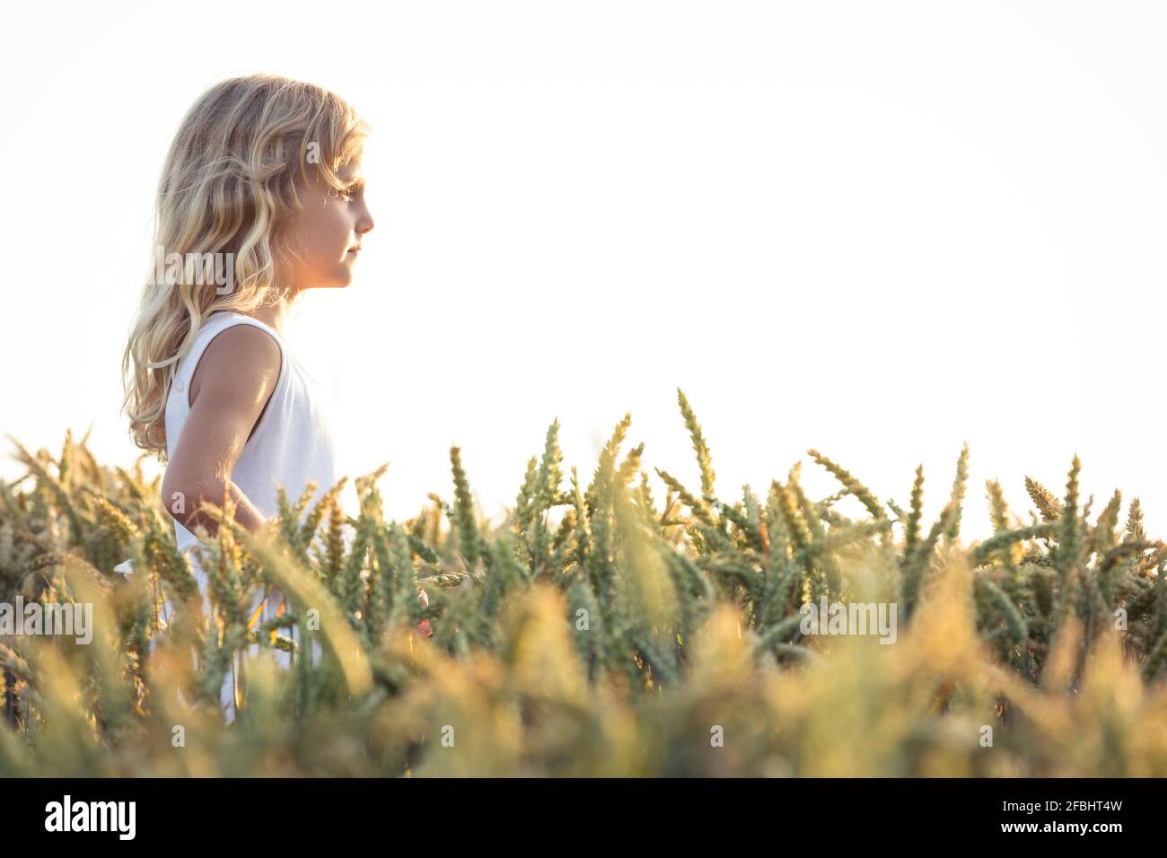 Bionda ragazza giorno sognando mentre in piedi su campo agricolo da cielo Foto Stock