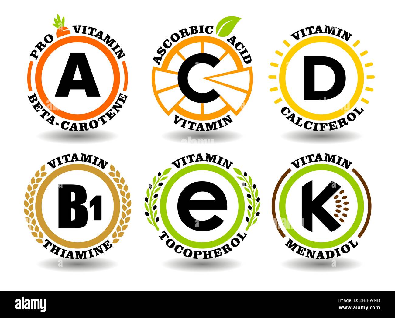 Insieme di vettori di concetto creativo di A, B, C, D, e, K segni complessi vitaminici con simbolo solare grafico piatto, icone di frutta cartoni animati, francobolli naturali sani, Illustrazione Vettoriale