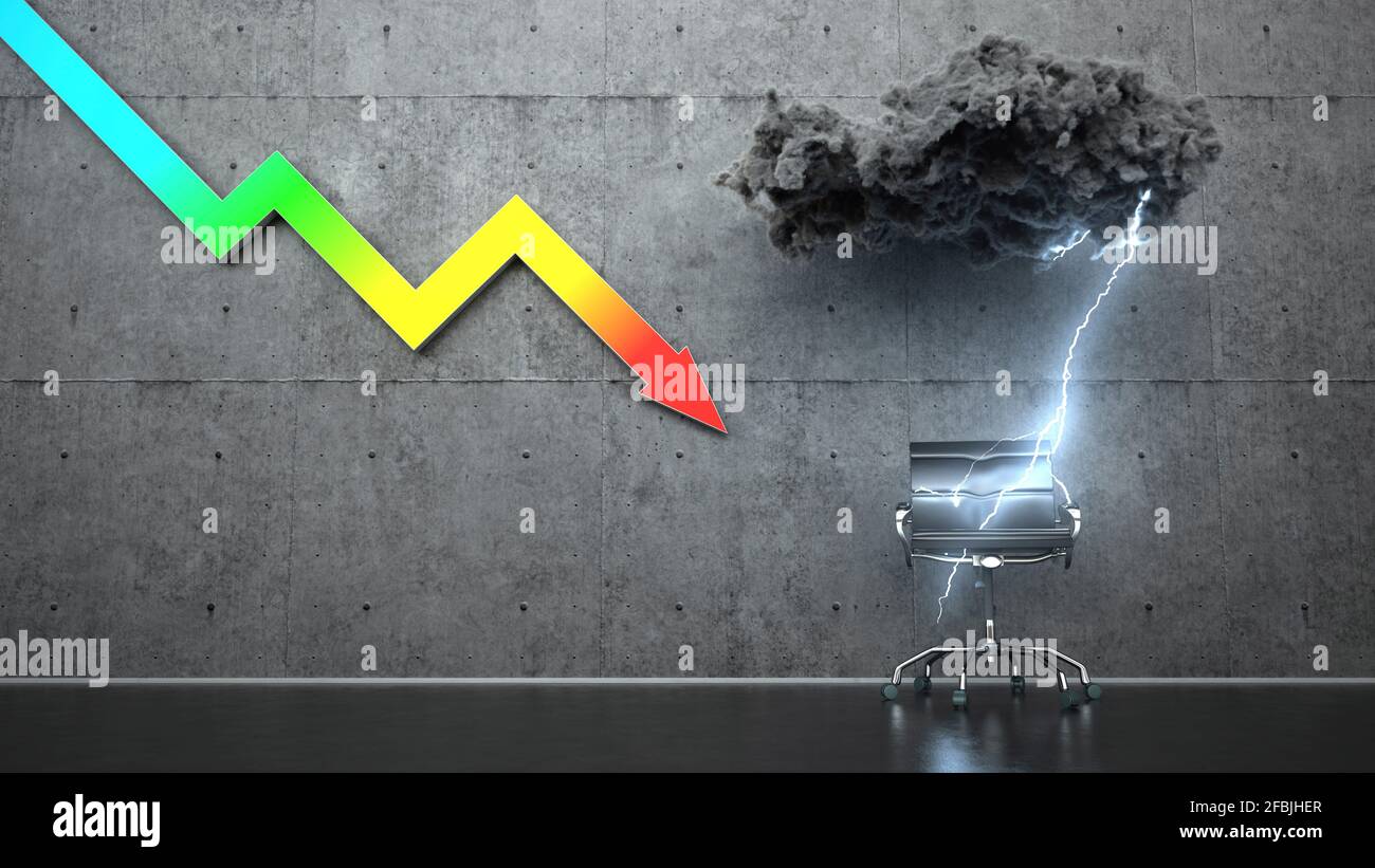 Rendering tridimensionale della sedia da ufficio sotto la nuvola di tempesta e una freccia colorata che rappresenta la recessione economica Foto Stock