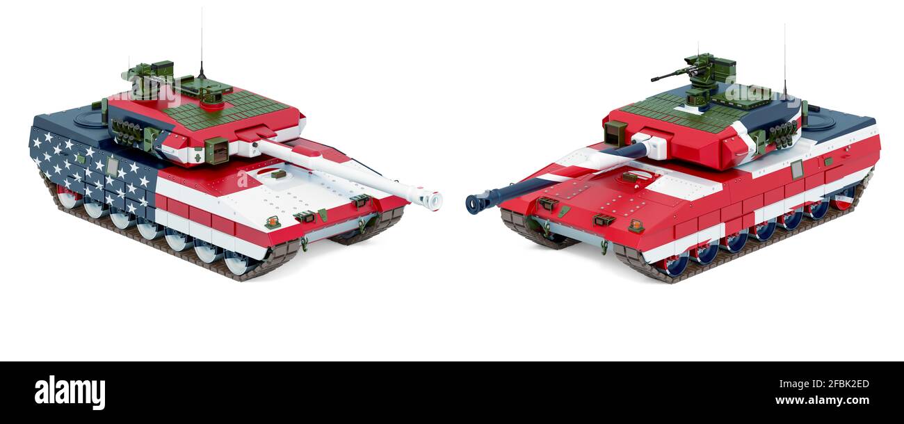 Il concetto di esercizio militare congiunto degli Stati Uniti e della Gran Bretagna. Battle Tanks con bandiere americane e britanniche, rendering 3D isolato su sfondo bianco Foto Stock