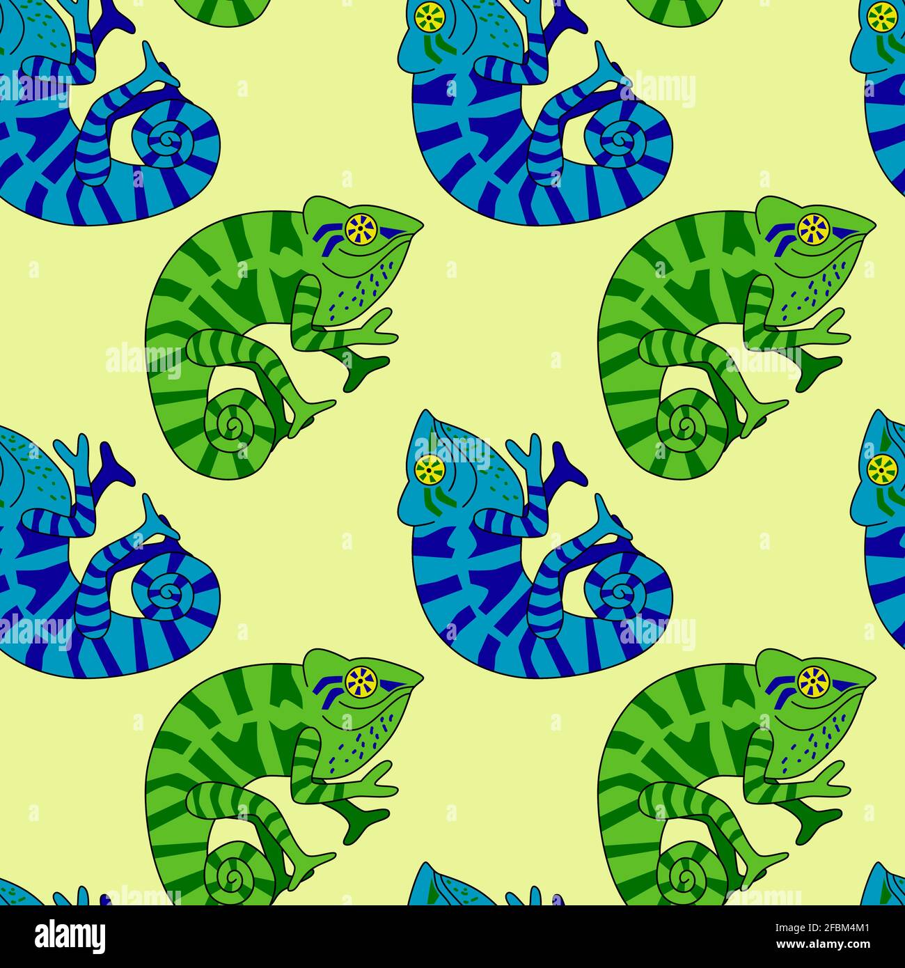 Modello senza cuciture con carino, camaleonti divertenti mostrano il segno di pace tra foglie tropicali fogliame. Bambini, pagine web, carta da imballaggio, carta da parati, desia tessile Illustrazione Vettoriale
