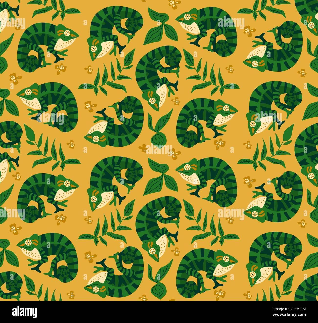 Modello senza cuciture con carino, camaleonti divertenti mostrano il segno di pace tra foglie tropicali fogliame. Bambini, pagine web, carta da imballaggio, carta da parati, desia tessile Illustrazione Vettoriale