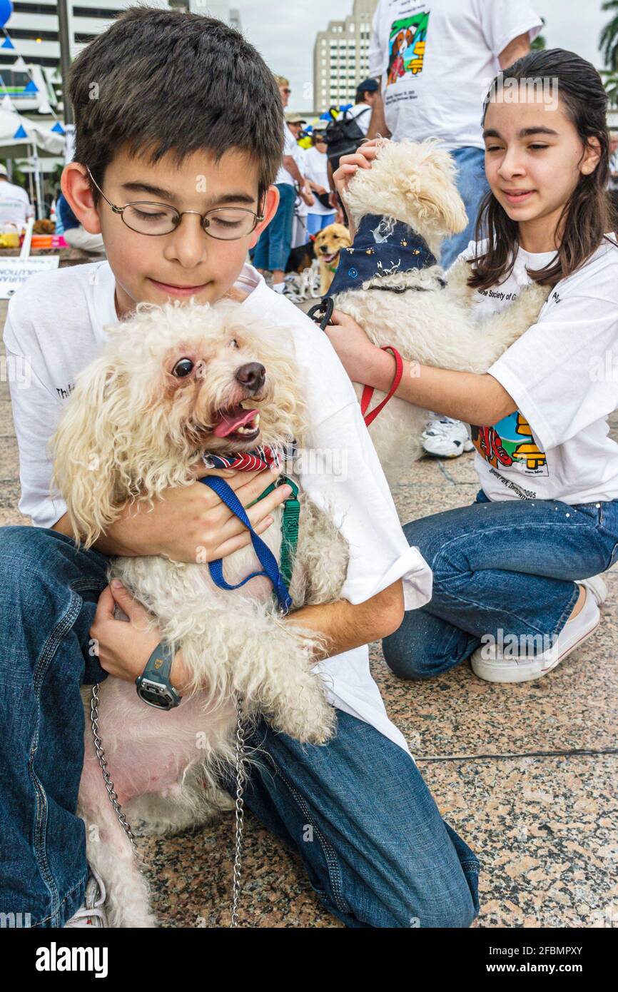 Miami Florida, Bayfront Park Walk per gli animali, humane società fundraising eventi cani, ragazzo ispanico ragazza fratelli cane cucciolo abbraccio tenuta, Foto Stock