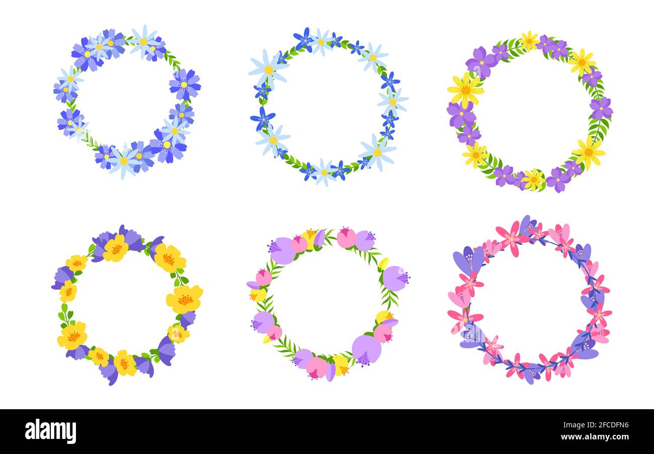 Set di telai di guaine. Foglie verdi con fiori. Colorati grappoli estivi in stile cartoon piano. Splendido elemento di design per biglietti di auguri o di nozze. Elegante pianta floreale. Illustrazione vettoriale isolata Illustrazione Vettoriale