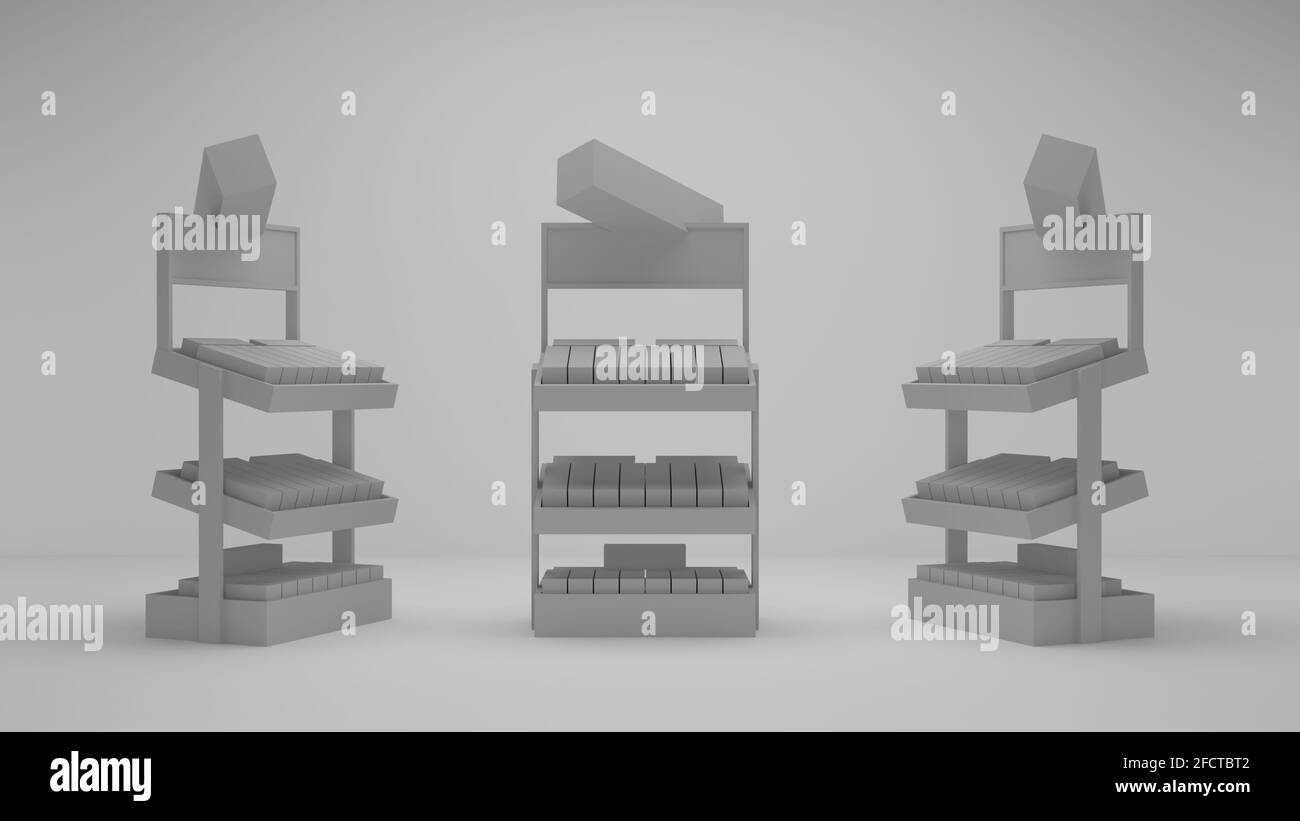design del display dei prodotti 3d con simulazione del prodotto in 3d isolato gondola Foto Stock