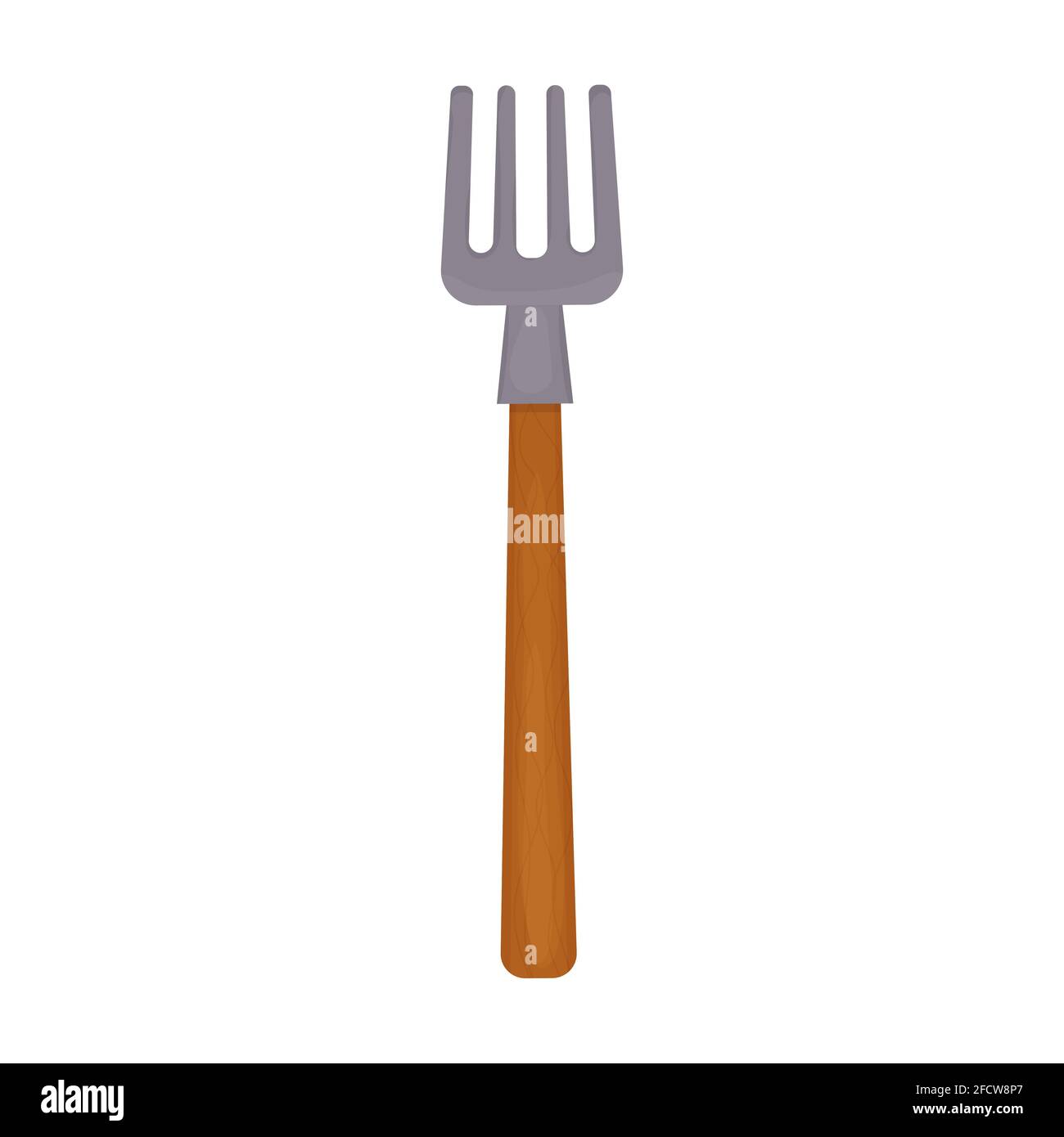Pitchfork in stile cartoon, attrezzo maniglia per giardinaggio, attrezzatura isolata su sfondo bianco. Simbolo di raccolta. Illustrazione vettoriale Illustrazione Vettoriale