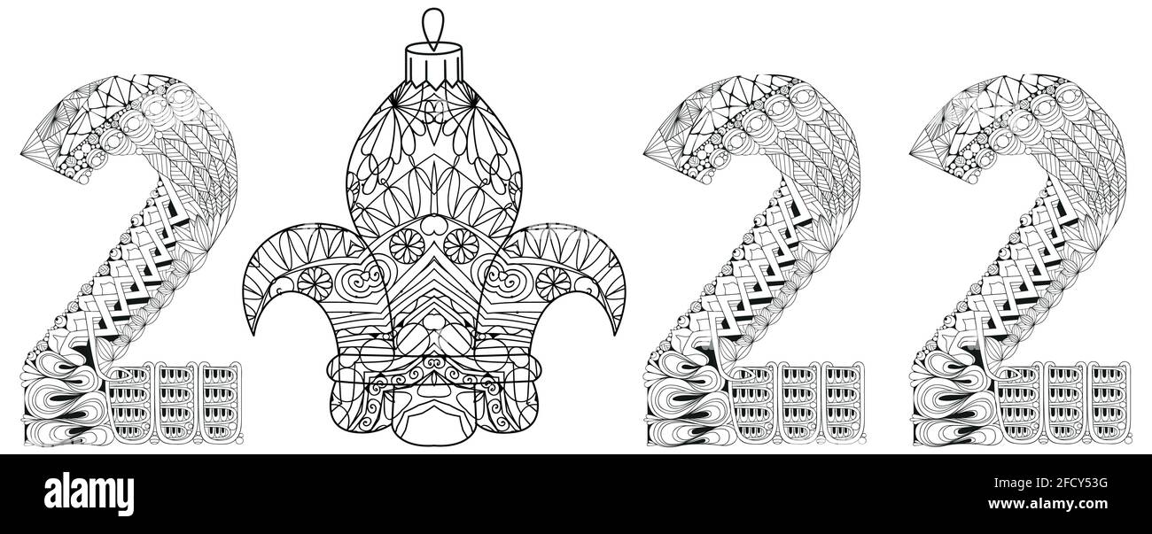 Disegno artistico dipinto a mano. Illustrazione a colori disegnata a mano. Numero duemila e ventidue oggetto zentangle. Illustrazione Vettoriale