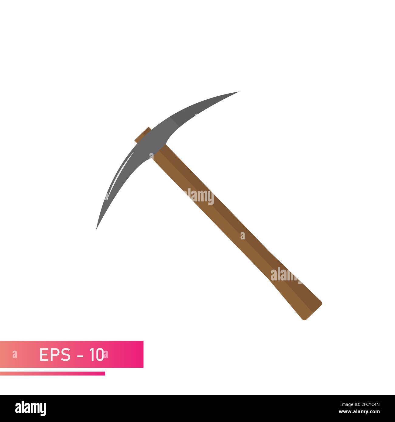 Un piccone per scavatori d'oro con manico in legno. Design realistico. Su sfondo bianco. Attrezzi per minatori. Illustrazione vettoriale piatta. Illustrazione Vettoriale