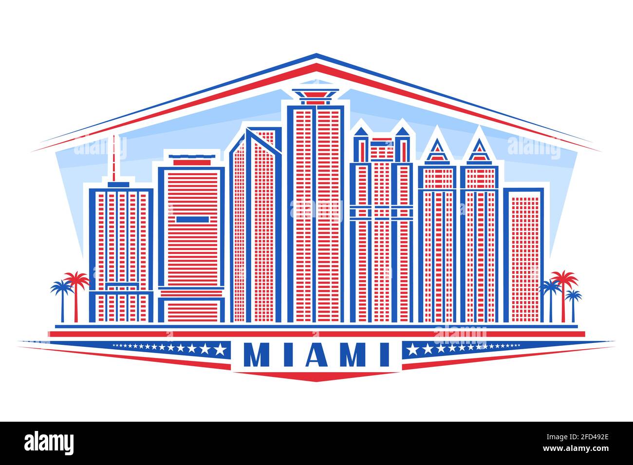 Illustrazione vettoriale di Miami, poster orizzontale con design di profilo miami City scape su sfondo cielo di giorno, linea urbana rossa concetto di arte con lasciare unico Illustrazione Vettoriale