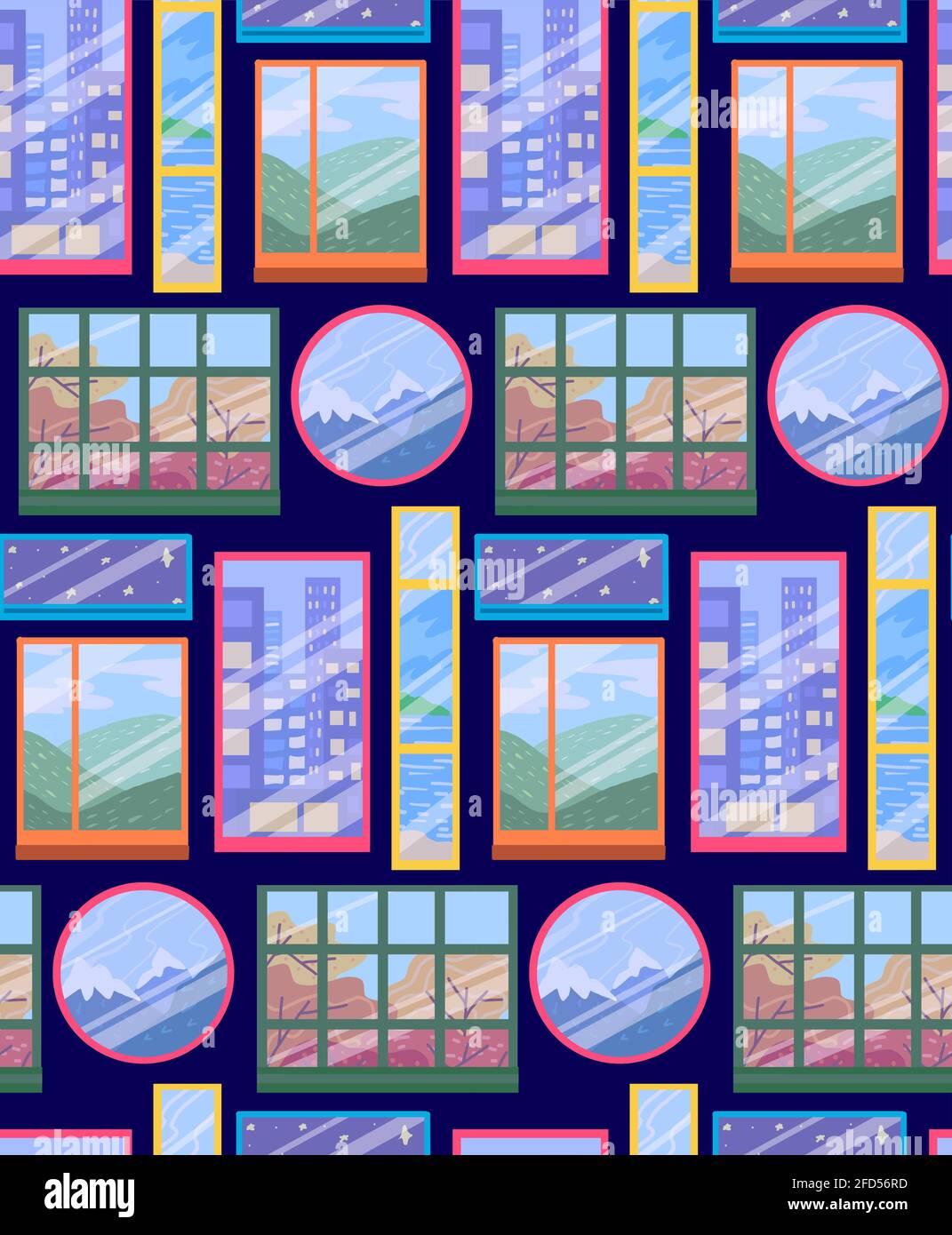 I bambini senza cuciture presentano una struttura luminosa di varie finestre su sfondo viola scuro. Carta da parati con facciata con finestre con viste diverse. Vettore neon p Illustrazione Vettoriale