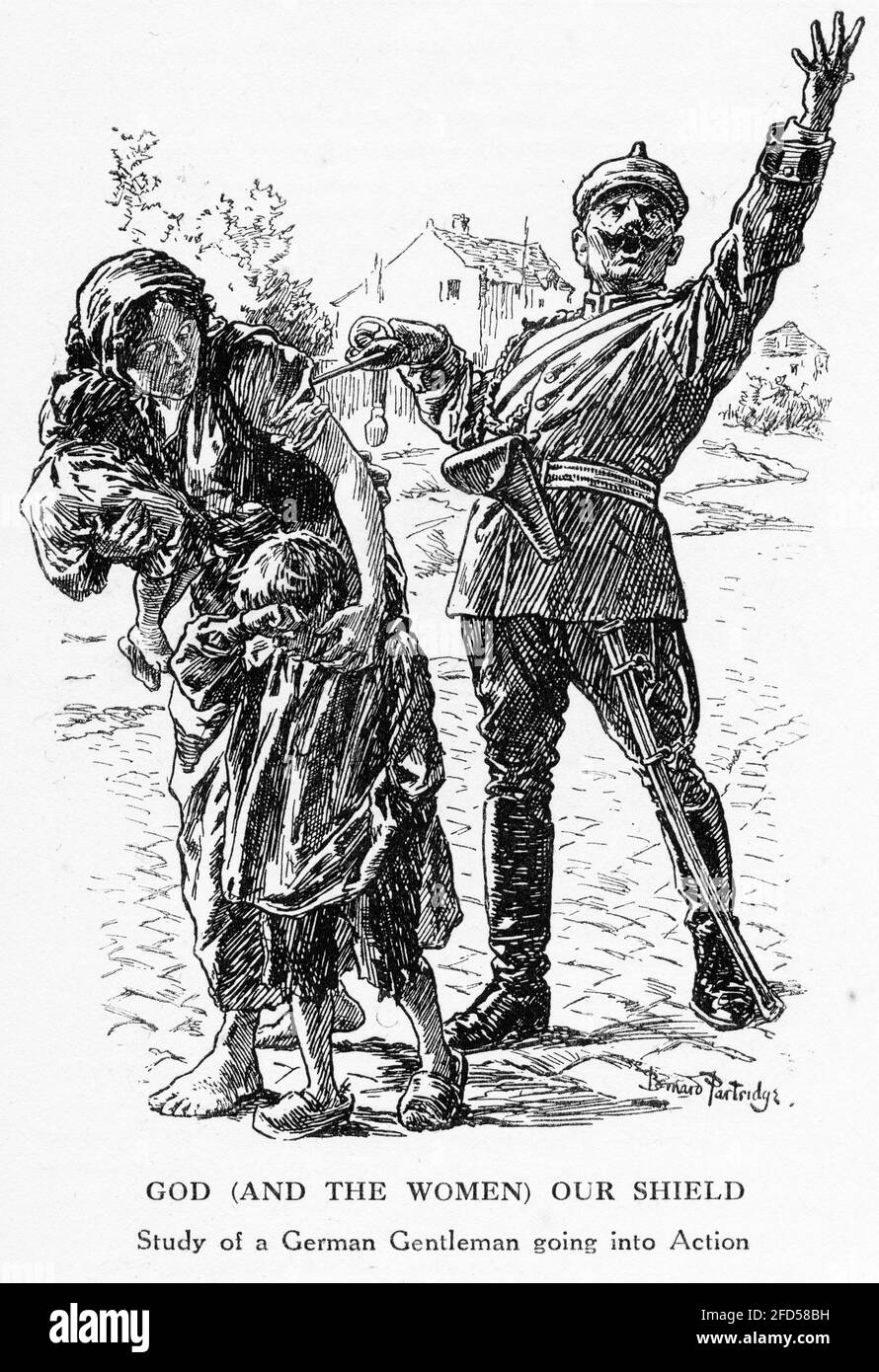 Incisione della prima guerra mondiale che mugolava a un "Signore tedesco" per aver usato le donne come loro scudo al punto della spada durante le battaglie. Illustrazione di Punch Magazine Foto Stock