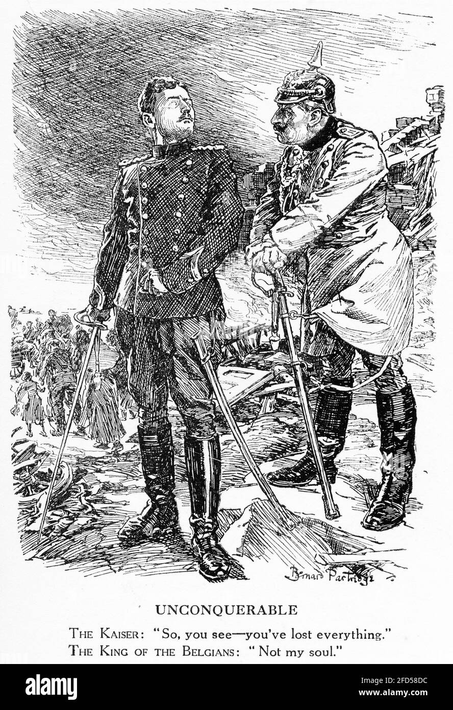 Incisione del re del Belgio che sfida il Kaiser durante la prima guerra mondiale. Illustrazione di Punch Magazine. Foto Stock