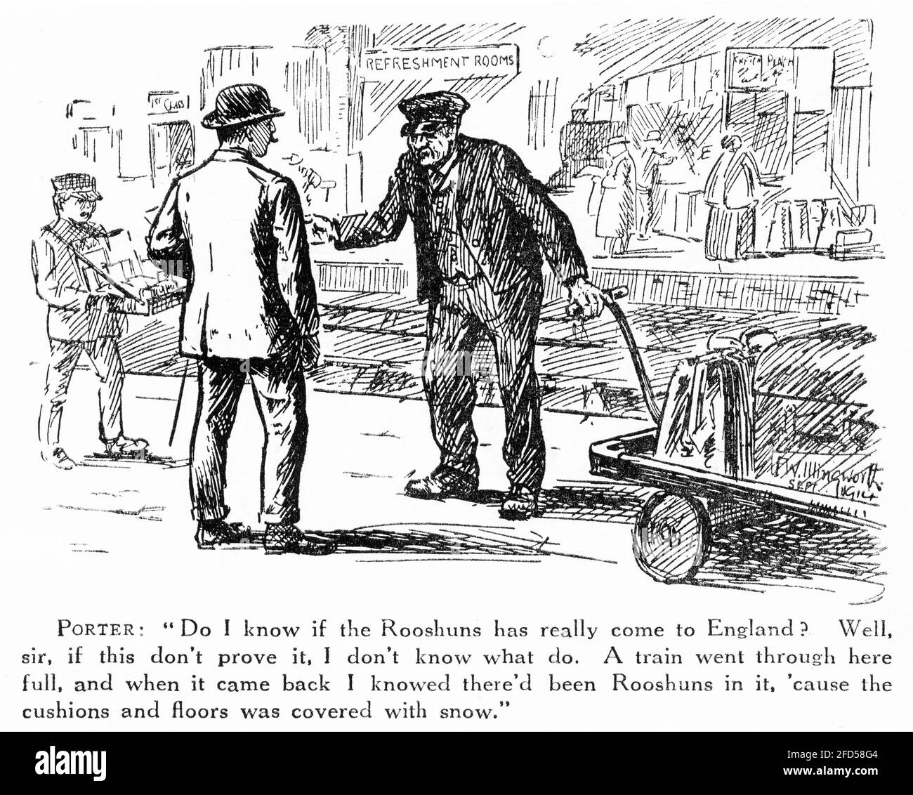 Incisione di un portatore ferroviario commentando un'invasione russa in sospeso. Illustrazione di Punch Magazine Foto Stock