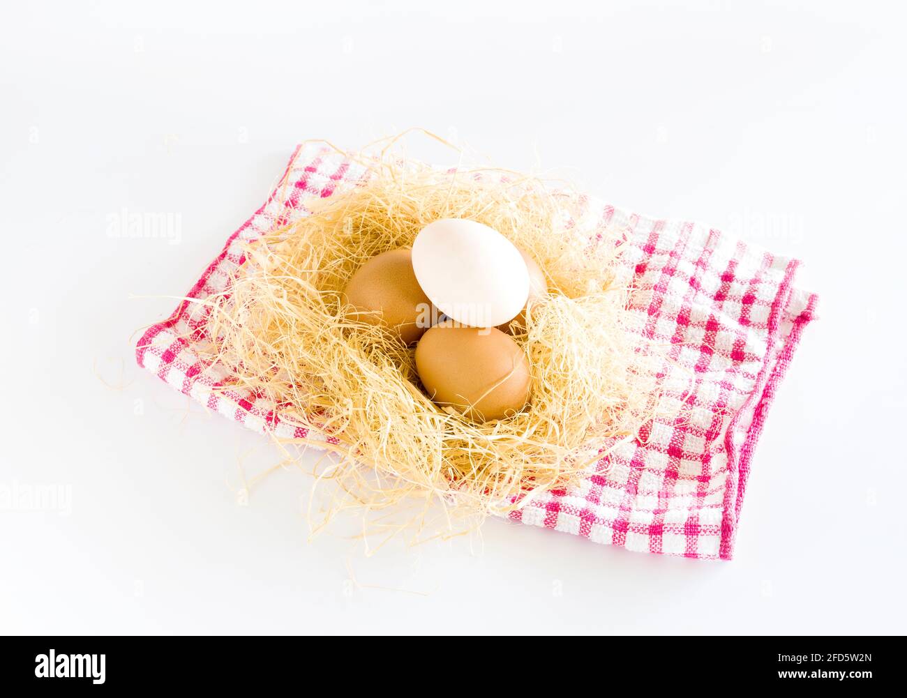 uova d'anatra e un uovo di pollo adagiato sul fieno. su sfondo bianco. Foto Stock