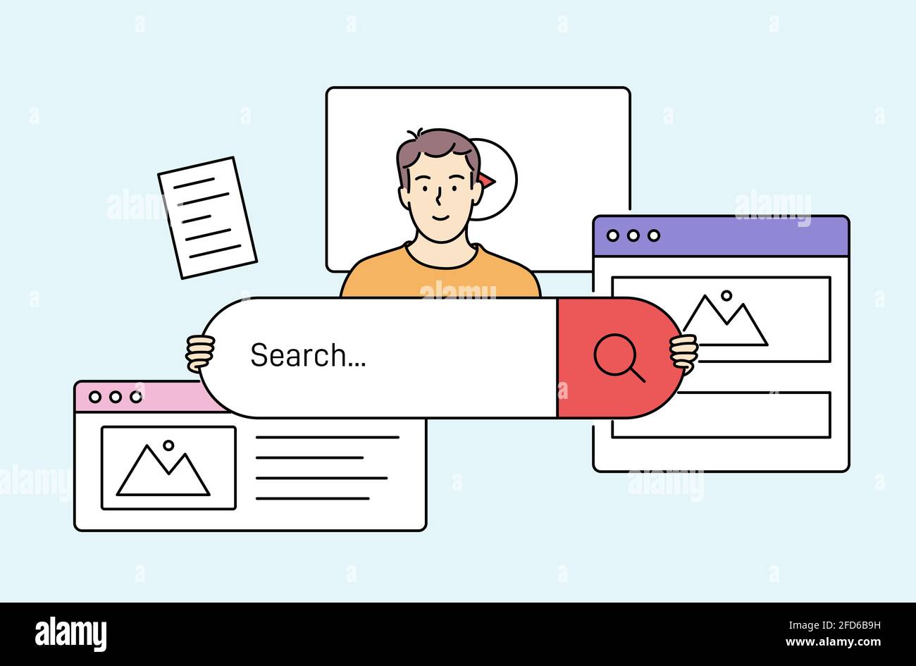 Concetto di organizzazione o ottimizzazione delle informazioni o dei dati, ricerca. Giovane uomo sorridente che naviga in Internet. Illustrazione Vettoriale