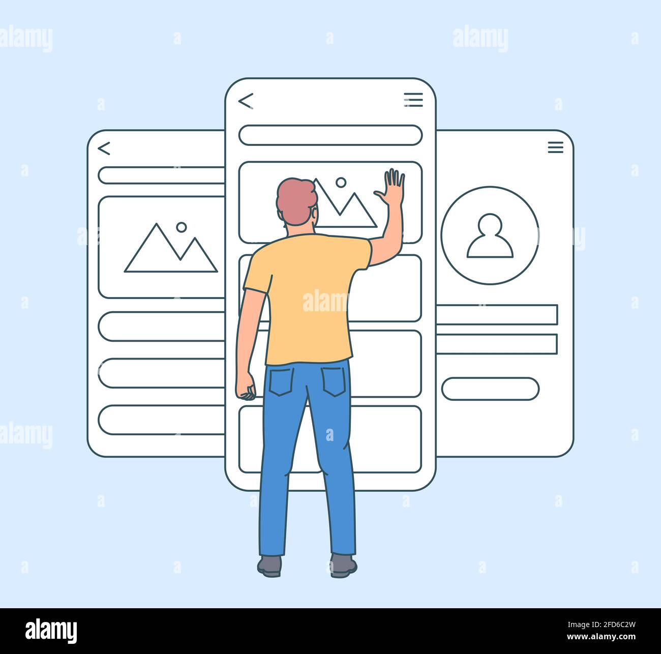 Concetto di sviluppo di app mobili. Prova di usabilità schermo mobile con illustrazione del disegno vettoriale di uomo di gente. Sviluppo di applicazioni software ui e ux Illustrazione Vettoriale