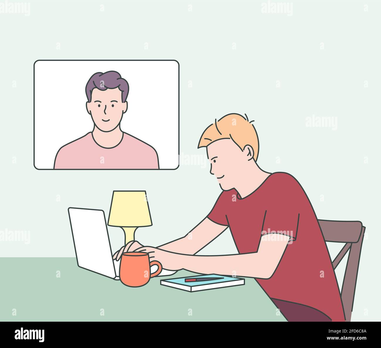 Soggiorno e lavoro da casa. Illustrazione della videoconferenza. Luogo di lavoro, schermo del laptop, gruppo di persone che parlano via Internet. Disegno vettoriale di stile disegnato a mano Illustrazione Vettoriale