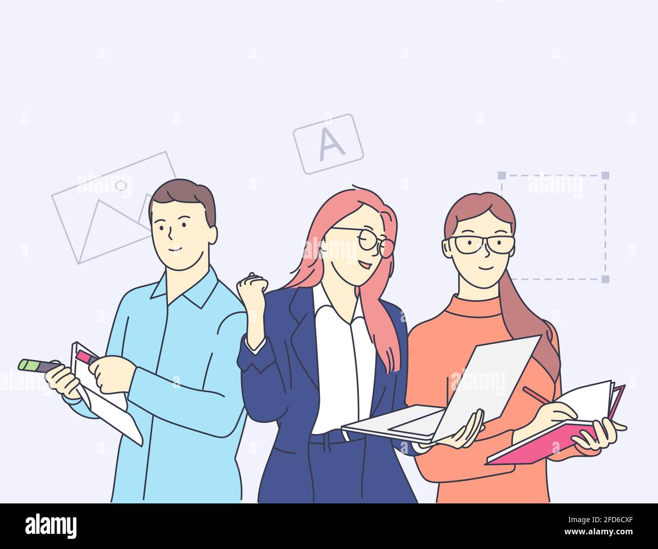 Сreativity, lavoro di squadra, collaborazione, concetto di partnership. Persone felici che lavorano al concetto di agenzia di design creativo. Collaborazione dei creatori. Illustrazione Vettoriale