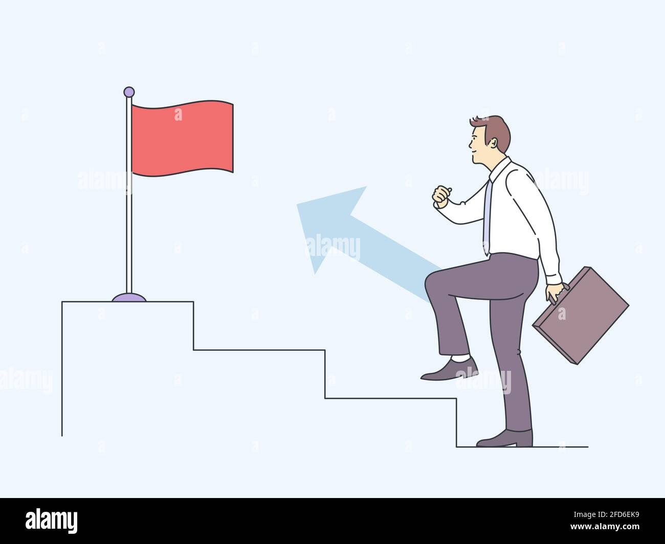 Successo, vittoria, celebrazione, raggiungimento degli obiettivi, concetto di business. Giovane felice uomo d'affari impiegato manager sale la scala di carriera. Illustrazione Vettoriale