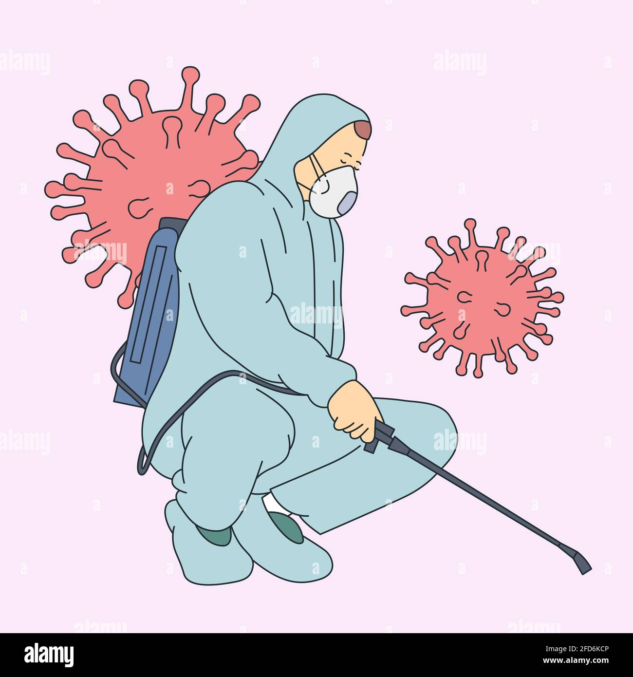 Coronavirus, lotta, infezione, concetto di protezione. Uomo in tuta anti-virus e maschera disinfettando edifici di coronavirus con l'irroratrice. Illustrazione Vettoriale