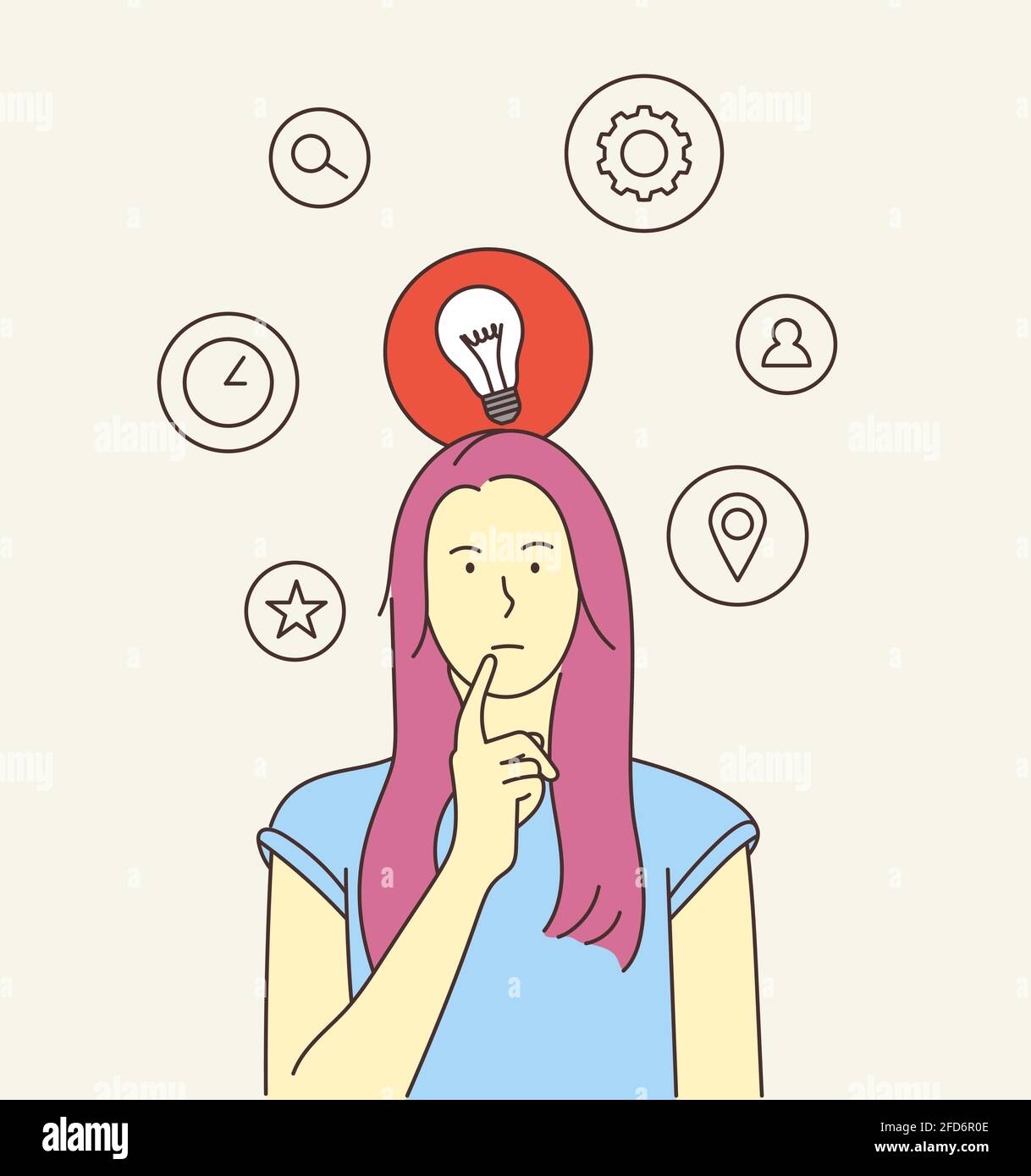 Pensiero, idea, ricerca, concetto di business. Giovane donna o ragazza, indecisive signora pensiero scegliere decidere dilemmi risolvere problemi trovare nuove idee. Illustrazione Vettoriale