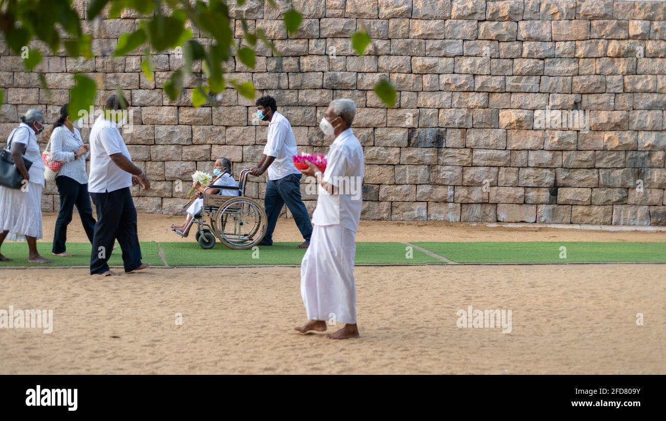 Anuradhapura, Sri Lanka - 03 31 2021: Anziana signora in una sedia a rotelle con offerte di fiori e suo figlio porta la madre a Jaya Sri Maha Bodhi per adorare. Foto Stock