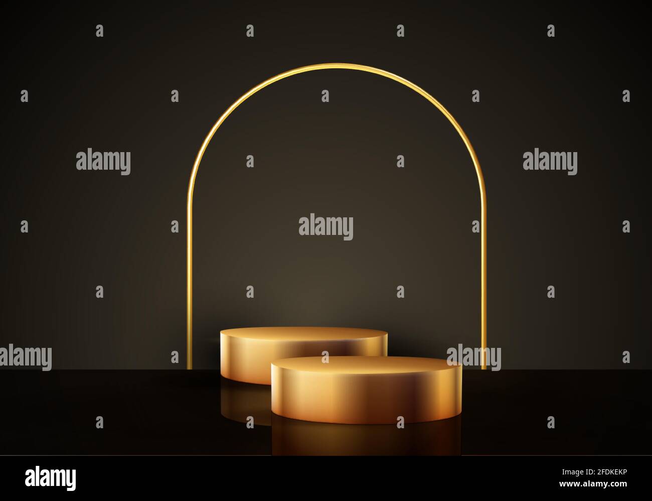 Scena nera minimale con forme geometriche. Podio cilindrico in oro e nero su sfondo nero. Tavola 3D per la visualizzazione di un prodotto cosmetico Illustrazione Vettoriale