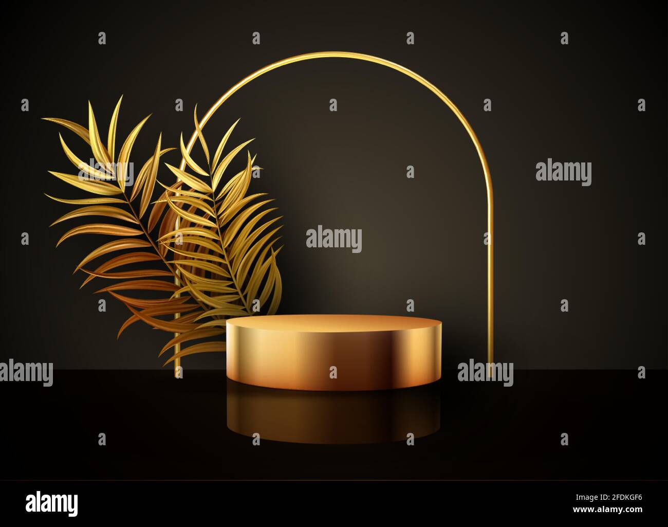 Scena nera minimale con forme geometriche e foglie di palma. Podio cilindrico in oro e nero su sfondo nero. Tavola 3D per la visualizzazione di un cosmetico Illustrazione Vettoriale
