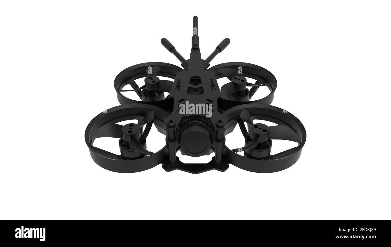 Rendering 3D di un modello di computer dello strumento di metraggio cinematografico del drone da corsa su sfondo bianco. Foto Stock