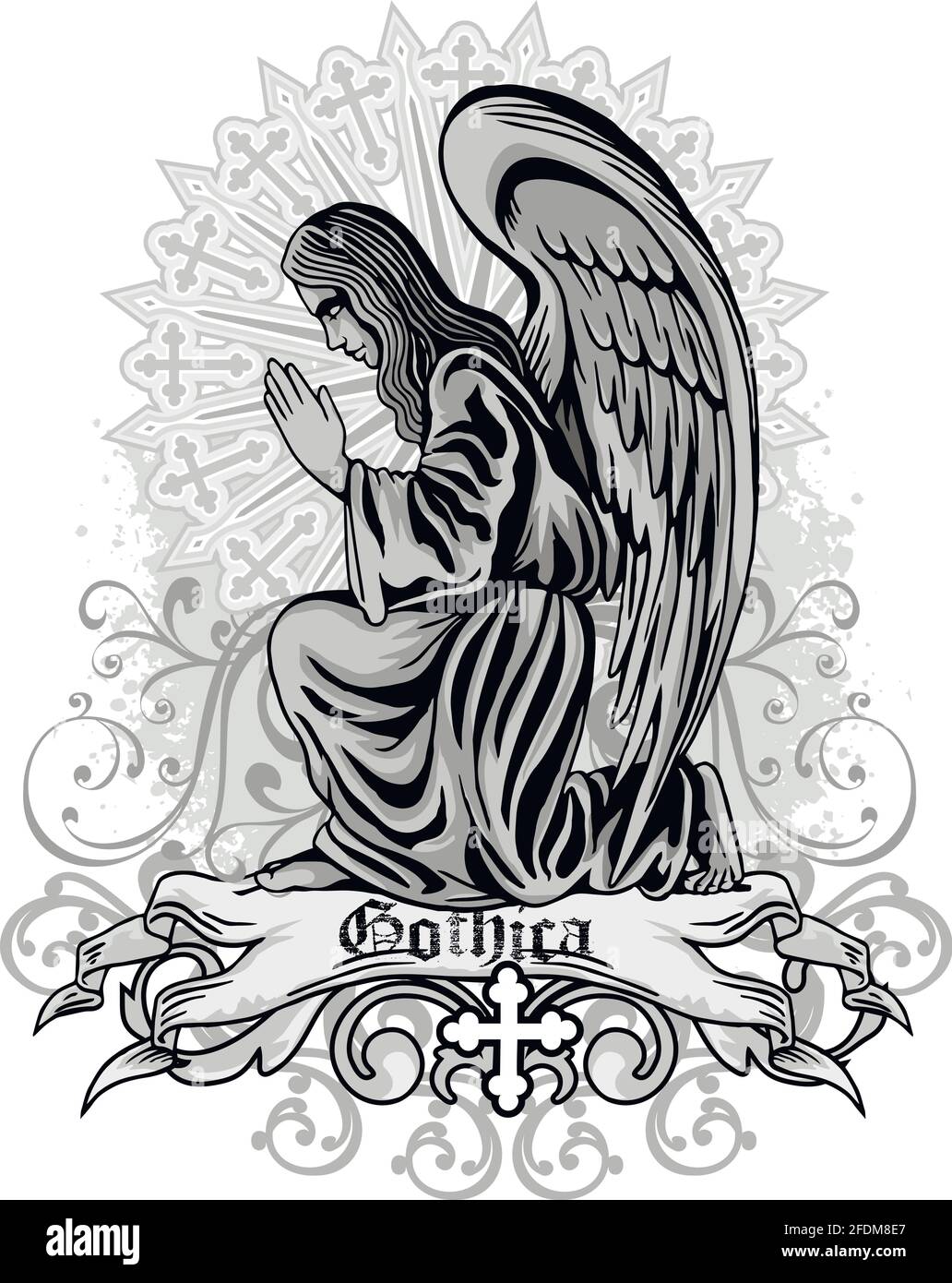 Segno gotico con angeli e cranio, grunge vintage design t camicie Illustrazione Vettoriale