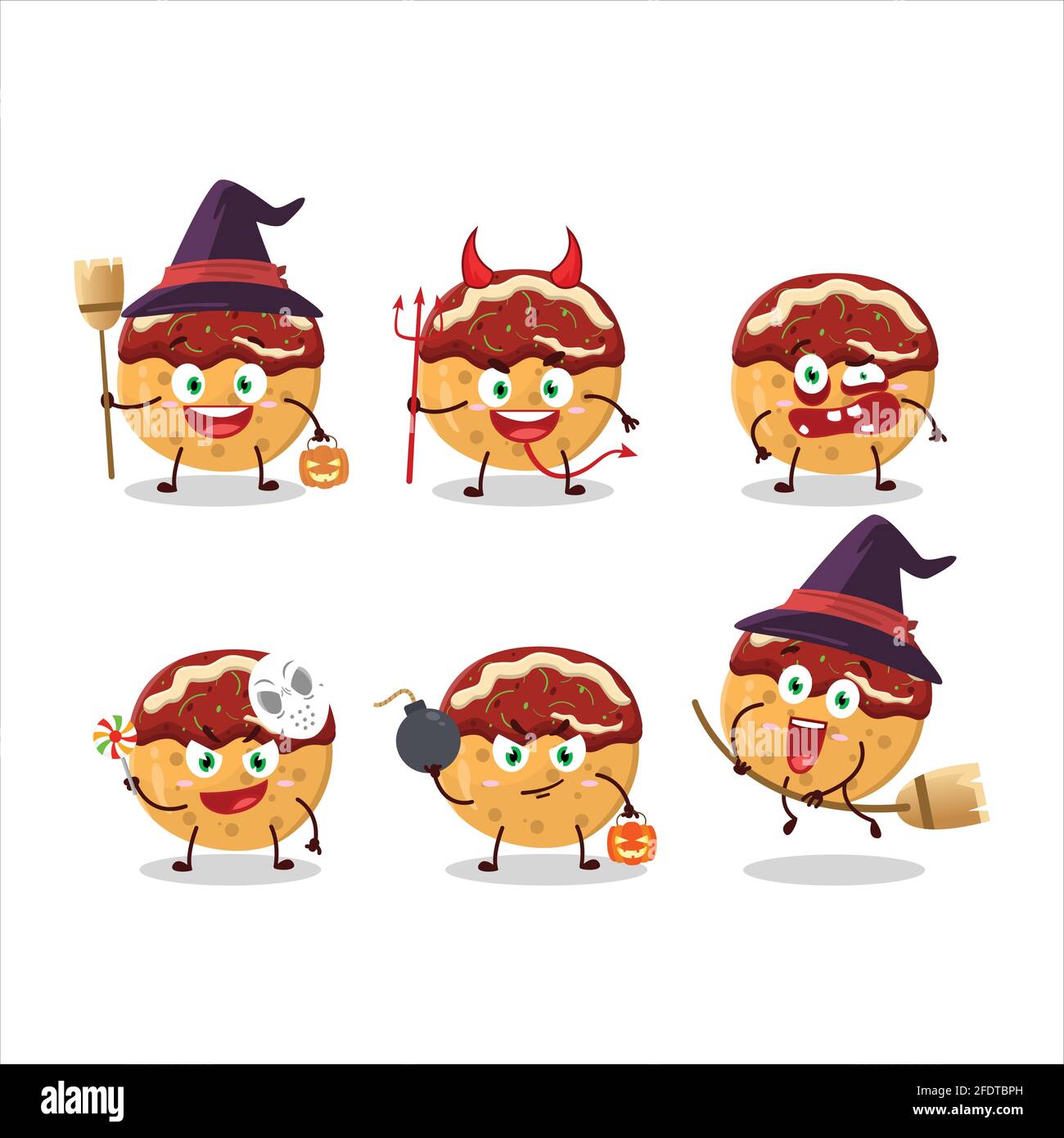 Emoticon di espressione di Halloween con personaggio cartoon di takoyaki. Illustrazione vettoriale Illustrazione Vettoriale