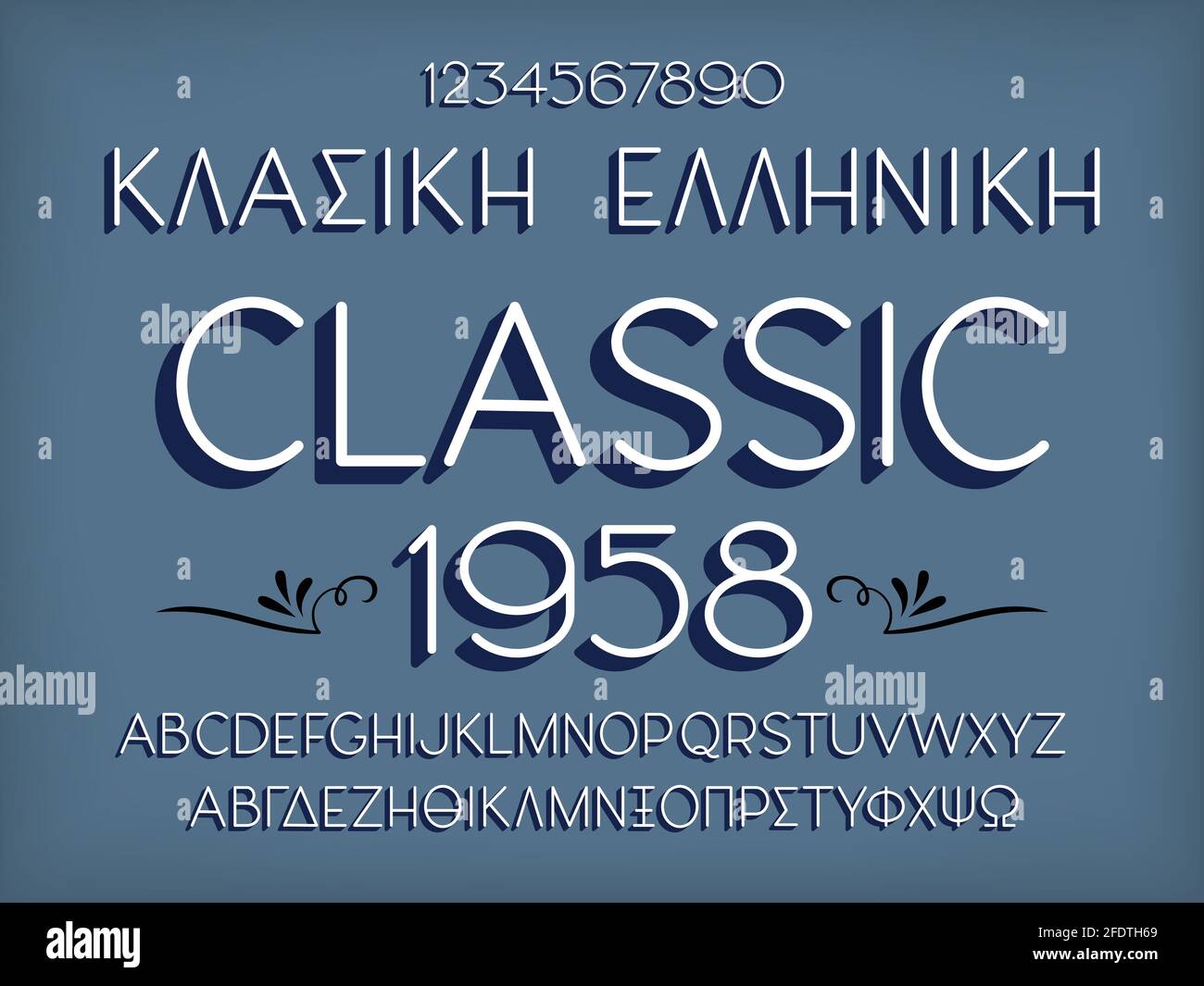 Lettere a mano alfabeto classico in greco e inglese, compresi i numeri isolati su sfondo blu. Illustrazione della stampa vettoriale Illustrazione Vettoriale