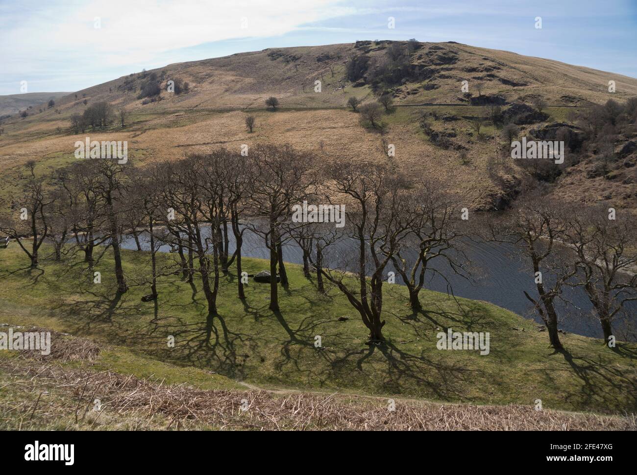 Sentiero della valle di Elan con serbatoi di epoca vittoriana e segni bilingue In gallese/inglese a Powys, Galles, Regno Unito Foto Stock