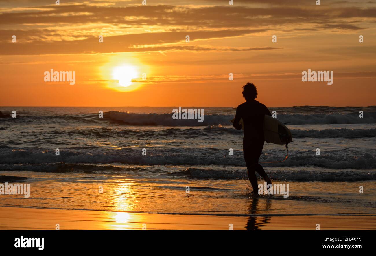 Surf Tramonto. Silhouette di tavole da surf maschili lungo la sabbia di una spiaggia Foto Stock