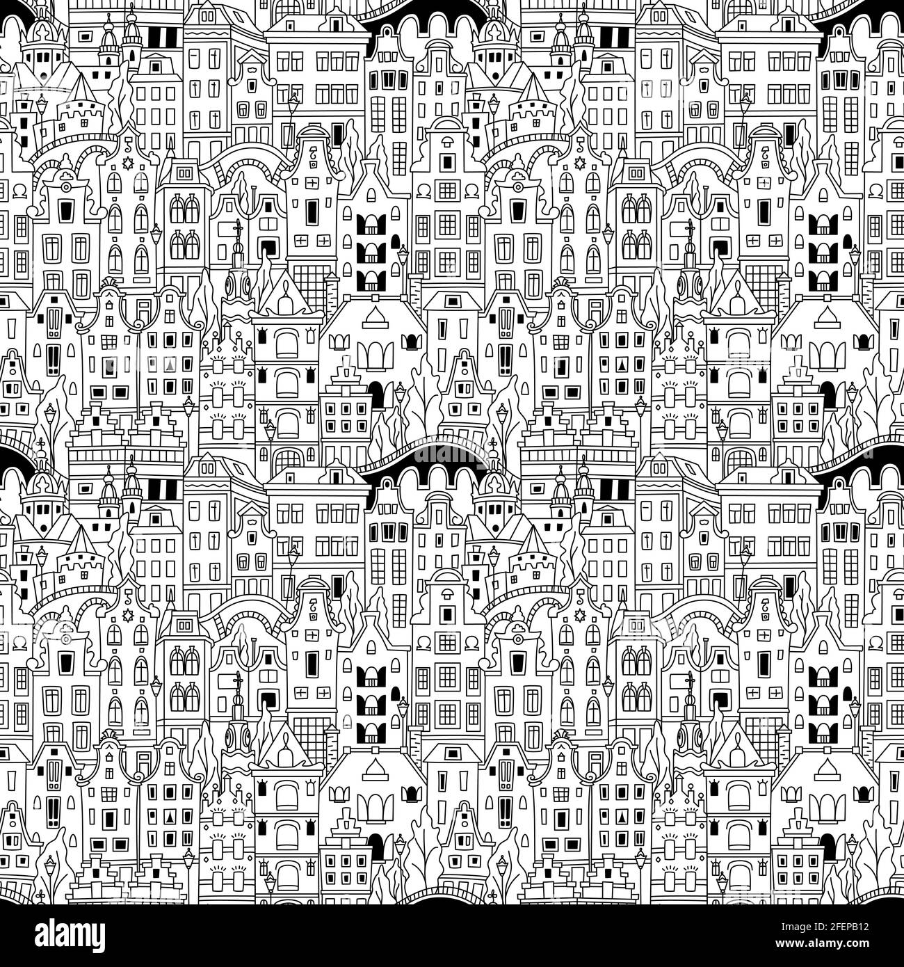 Bianco e nero senza giunture con canale di Amsterdam e tipiche case olandesi, Olanda, Paesi Bassi. Illustrazione Vettoriale