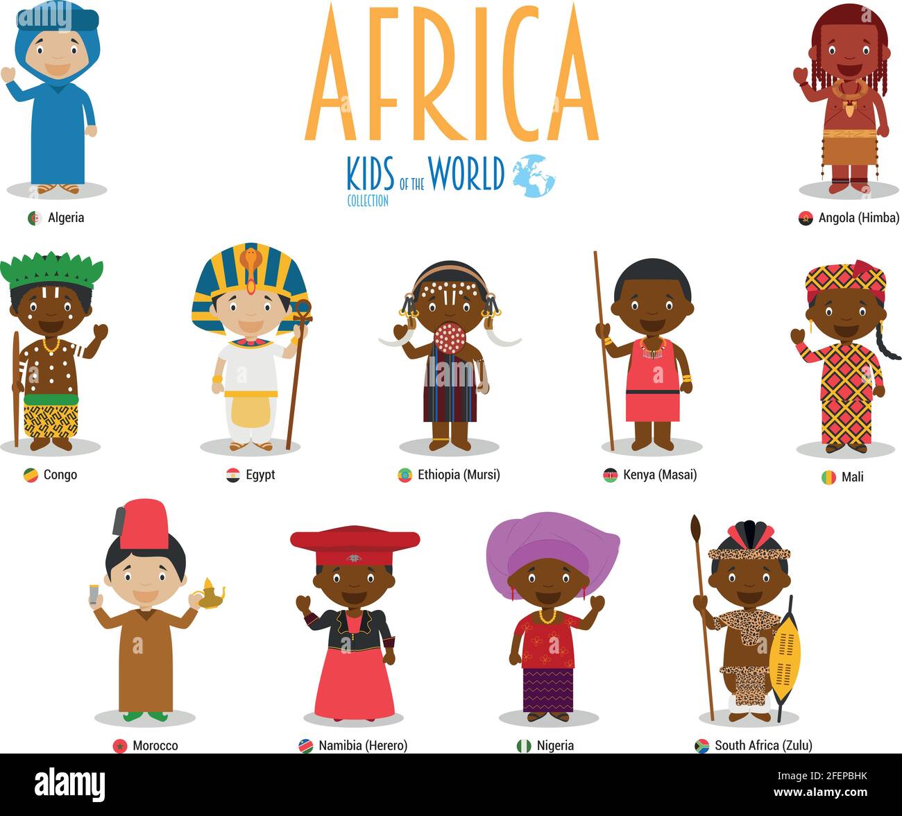 Bambini e nazionalità del vettore mondiale: Africa. Set di 11 personaggi vestiti in diversi costumi nazionali. Illustrazione Vettoriale