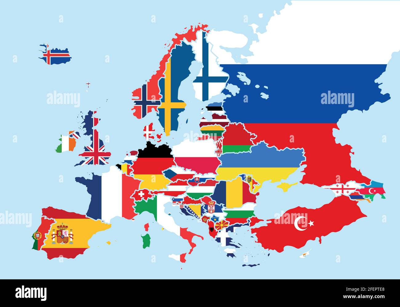 Mappa dell'Europa colorata con le bandiere di ogni paese Illustrazione Vettoriale