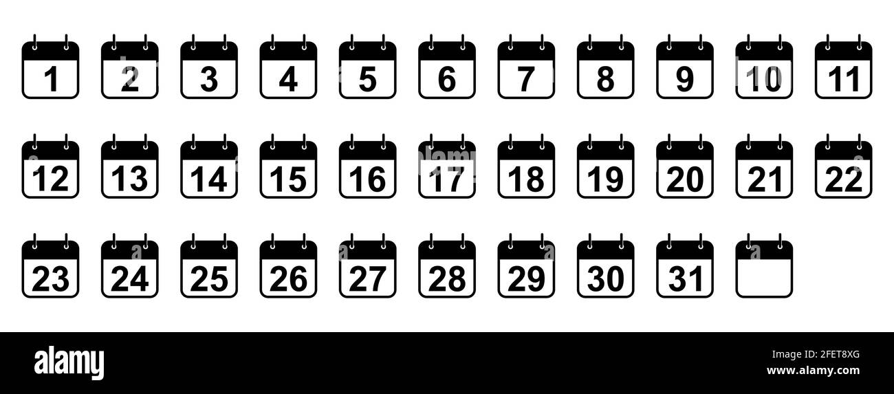 Icone del calendario ogni giorno del mese. Set di icone nere del calendario. Illustrazione vettoriale. Icone del calendario isolate su sfondo bianco Illustrazione Vettoriale
