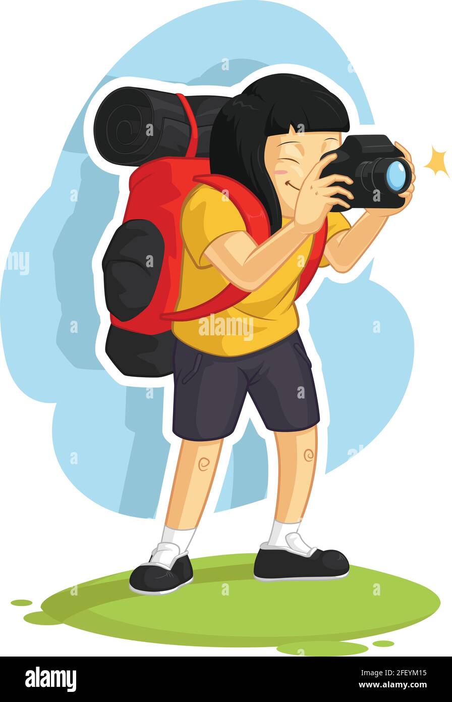Backpacker Girl prendere fotocamera vacanza Cartoon Vector disegno Illustrazione Vettoriale
