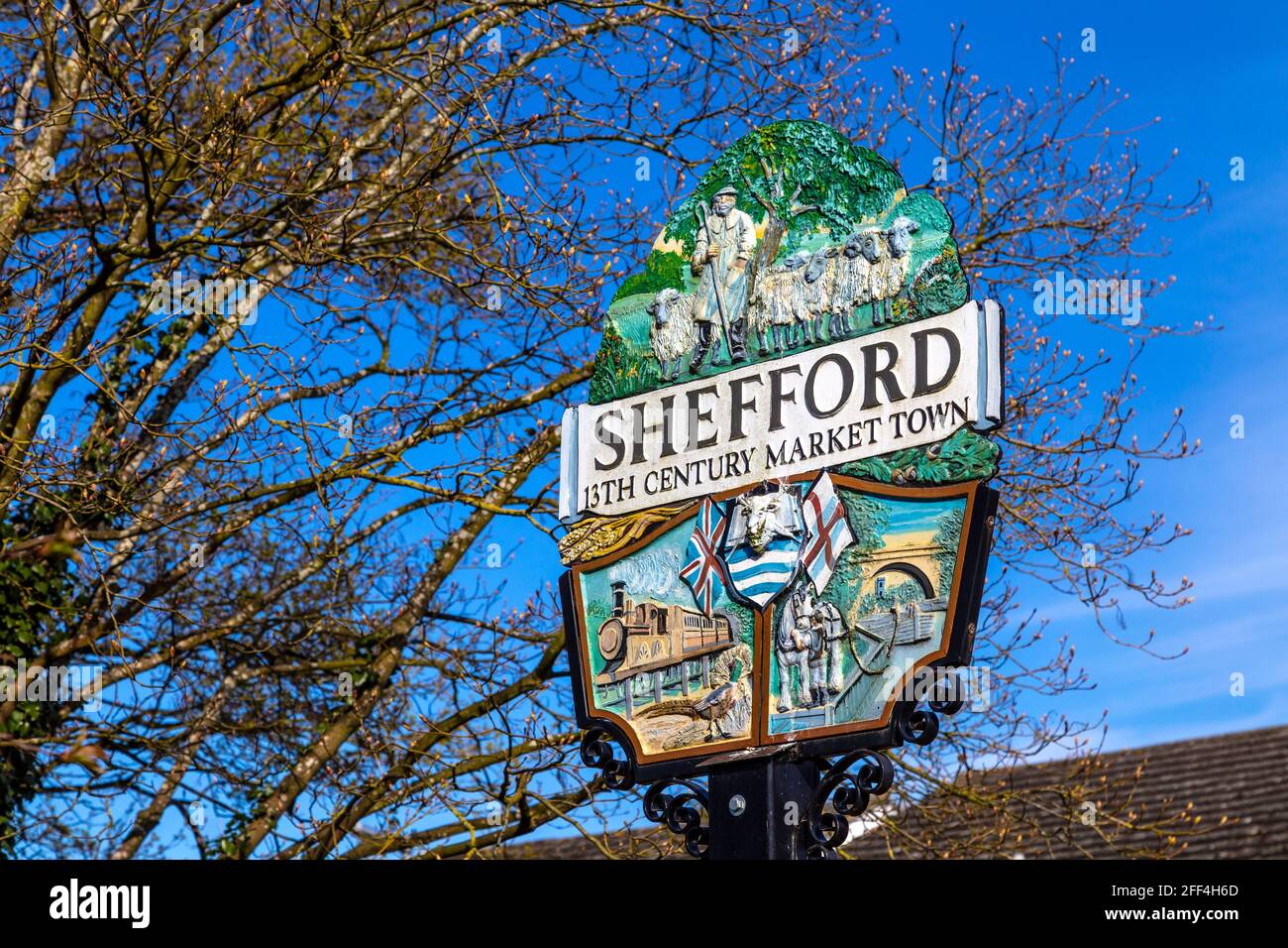 Segno per Shefford - una città del mercato 13 ° secolo, Bedfordshire, Inghilterra, Regno Unito Foto Stock