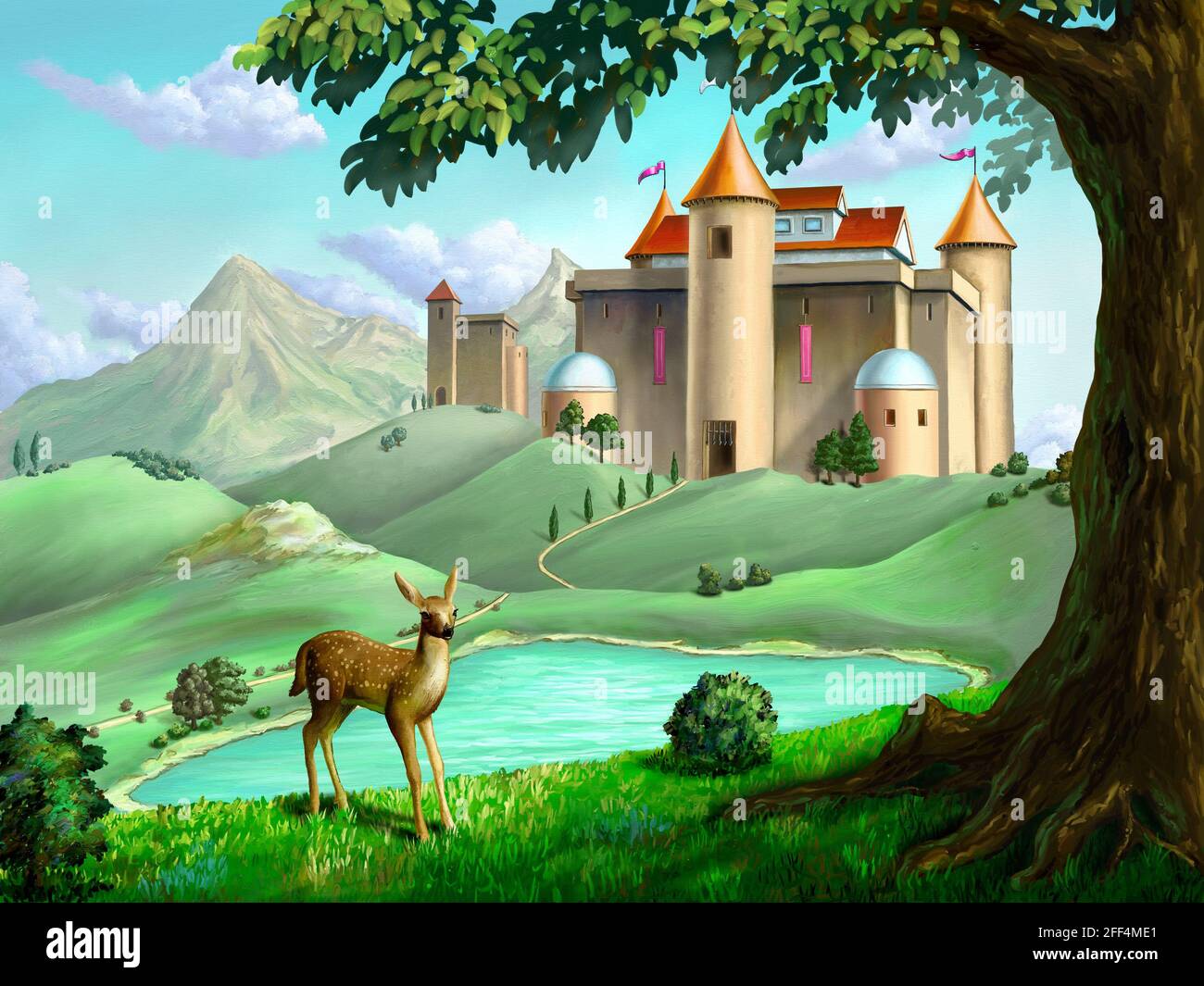 Castello in un paesaggio fiabesco. Illustrazione digitale. Foto Stock