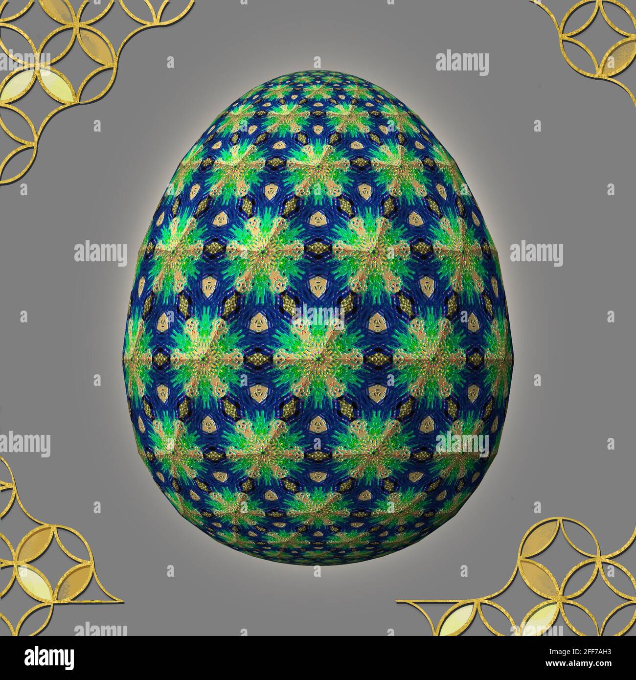 Happy Easter, uovo di pasqua 3D dal design artistico e colorato, illustrazione 3D su sfondo grigio con cornice Foto Stock