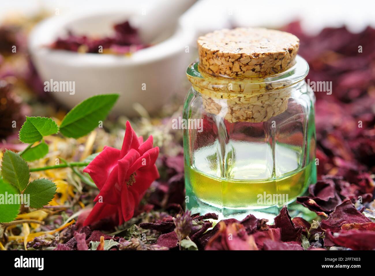 Bottiglia d'olio essenziale, fiori di rosa e petali di rosa essiccati. Mortaio di erbe medicinali sullo sfondo. Medicina alternativa. Foto Stock