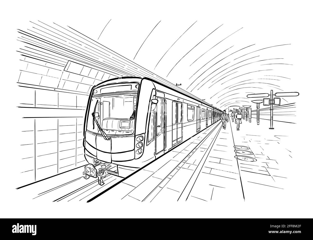 Disegnato a mano la linea di inchiostro disegna la stazione della metropolitana e dalla stazione ferroviaria in stile contorno vista prospettica. Illustrazione Vettoriale