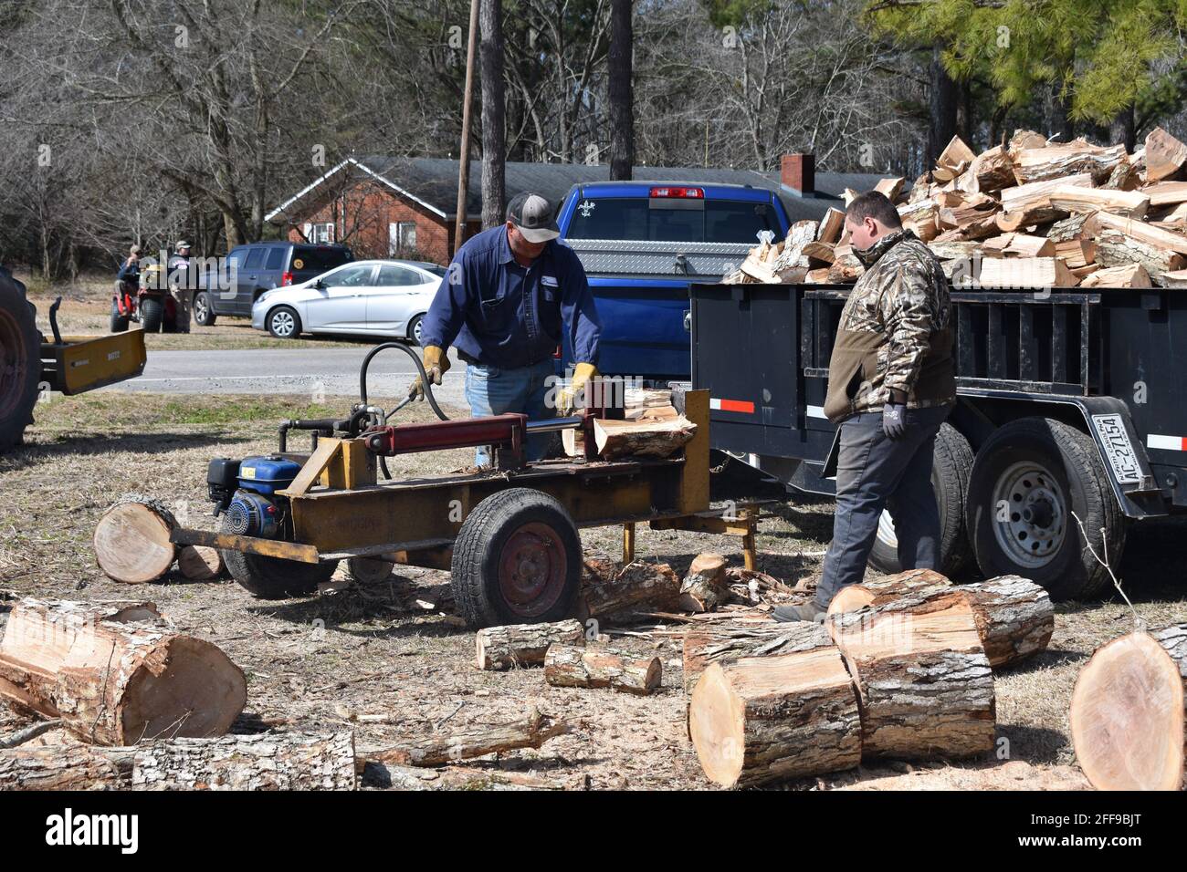 Uomini spaccatura tronchi per legna da ardere. Foto Stock