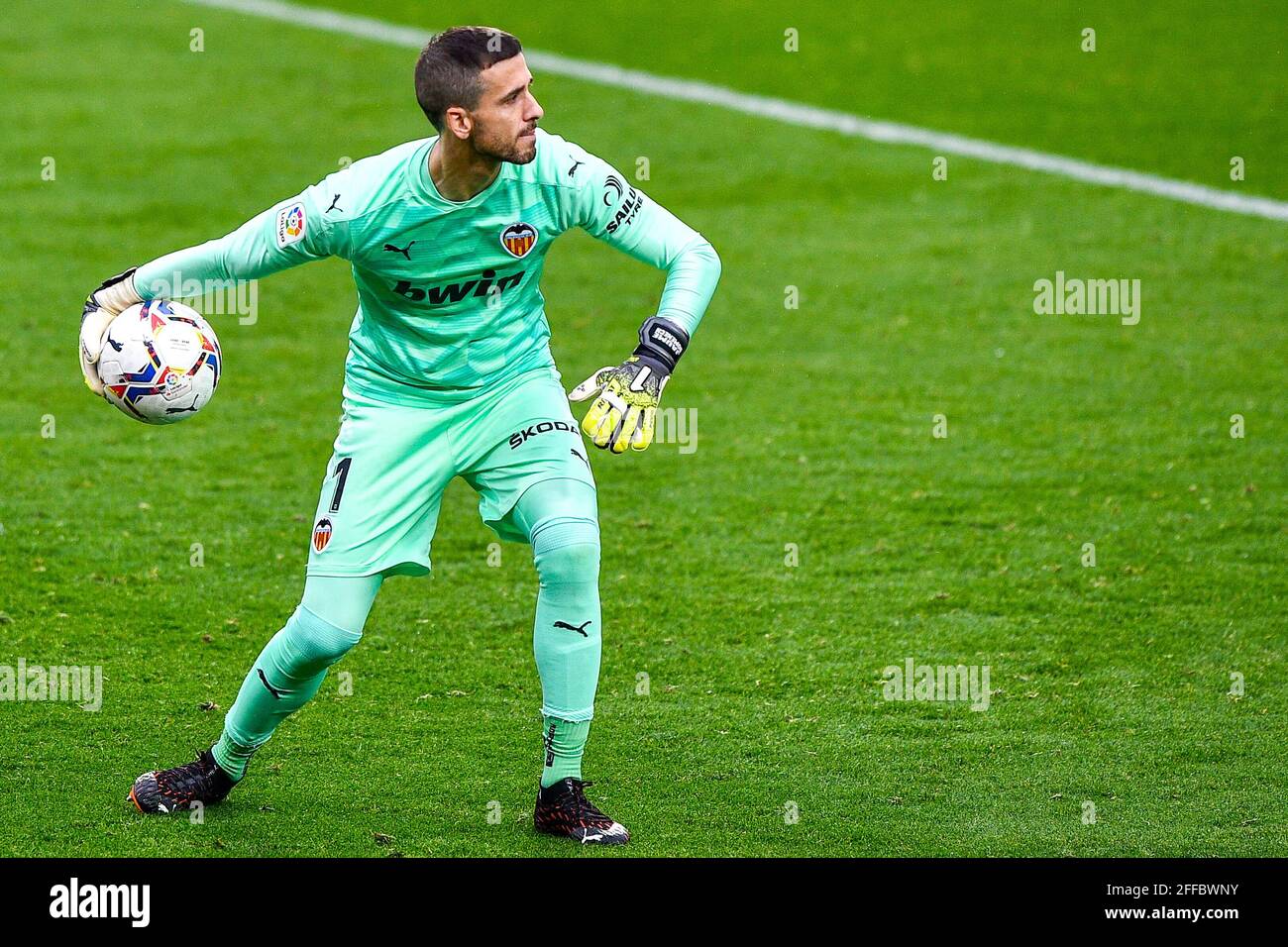 VALENCIA, SPAGNA - APRILE 24: Portiere Jaume Doménech di Valencia CF durante la Liga match tra Valencia CF e Deportivo Alaves all'Estadio Mest Foto Stock