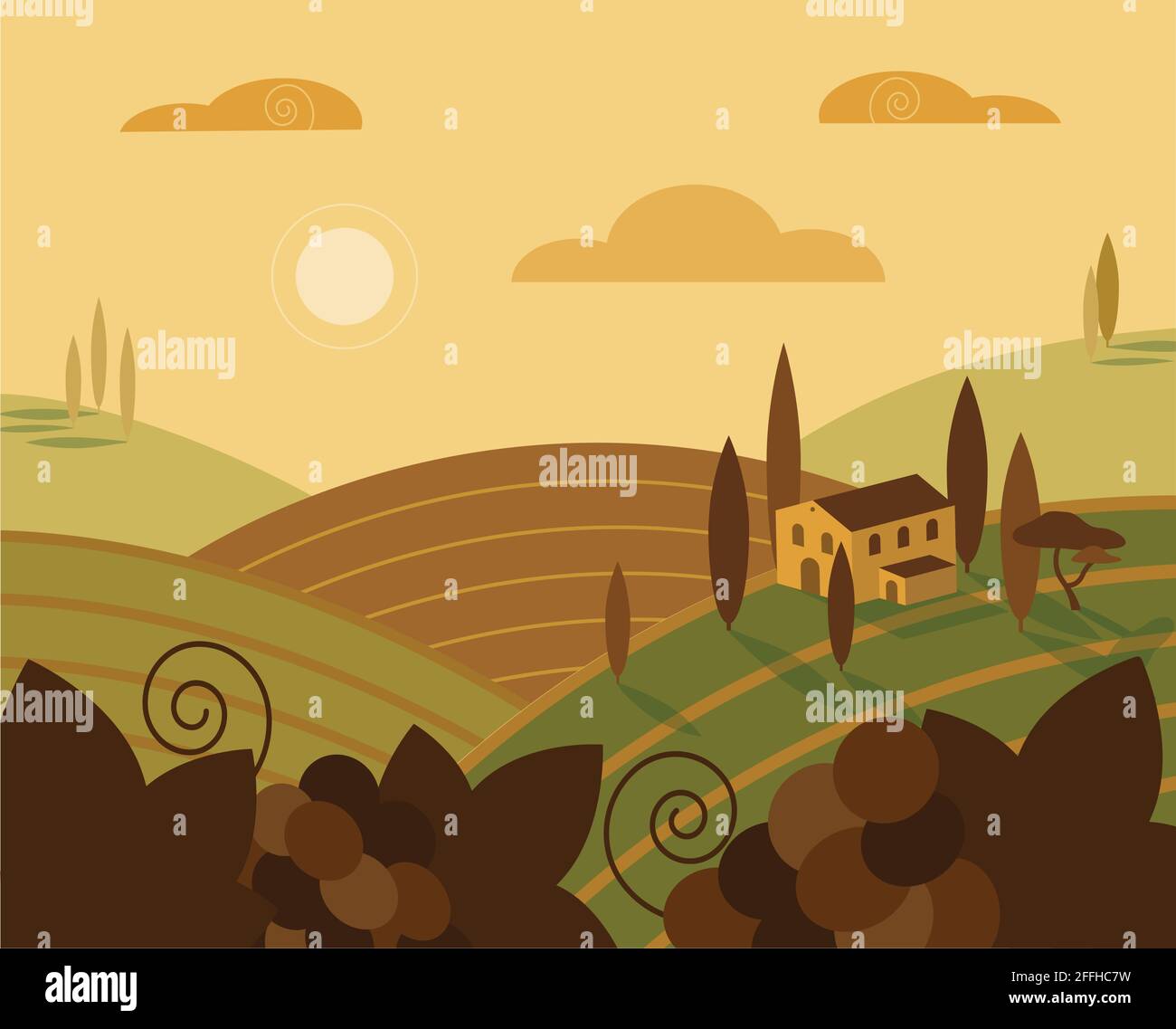 Itallian cantina tramonto paesaggio vettore piatto illustrazione colorata. Orizzontale vino uve colline concetti per il web. Per stampa, design, adesivi, decorazioni Illustrazione Vettoriale