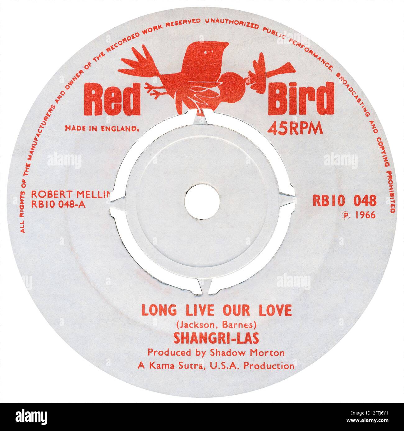 UK 45 rpm 7' singolo di Long Live Our Love by The Shangri-Las su etichetta Red Bird dal 1966. Prodotto da Shadow Morton. Foto Stock