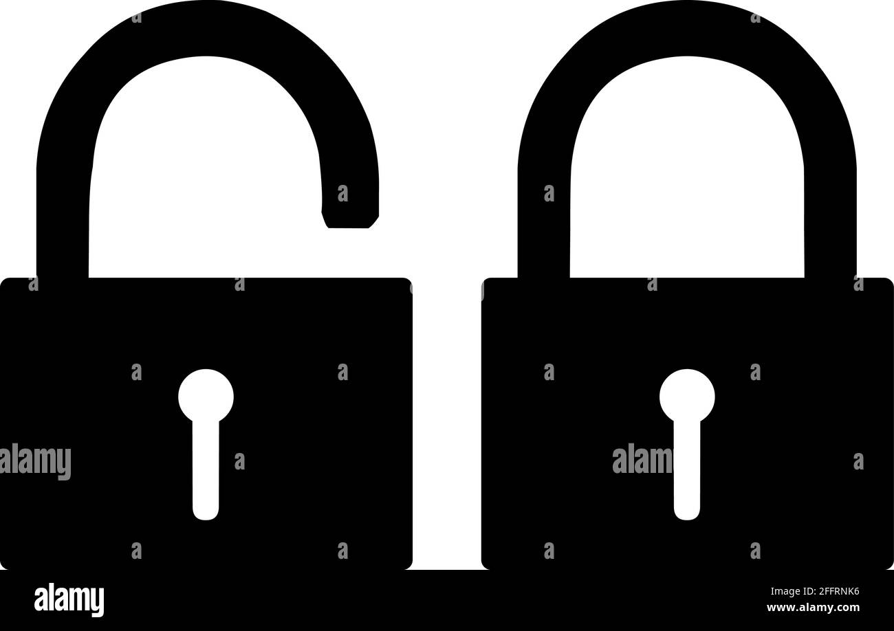 Illustrazione vettoriale delle sagome nere dei lucchetti aperti e chiusi Illustrazione Vettoriale